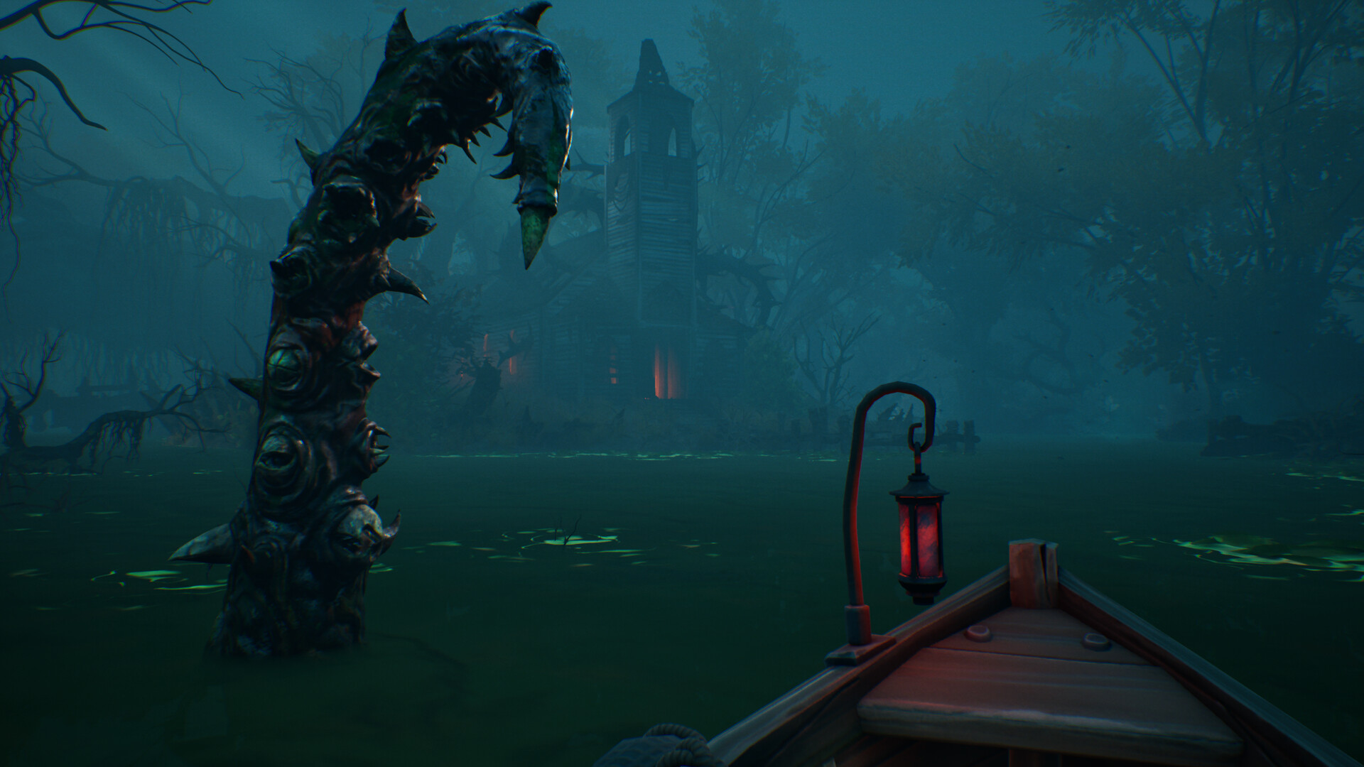 Night approach — a tentacled horror and the trawler's red lantern