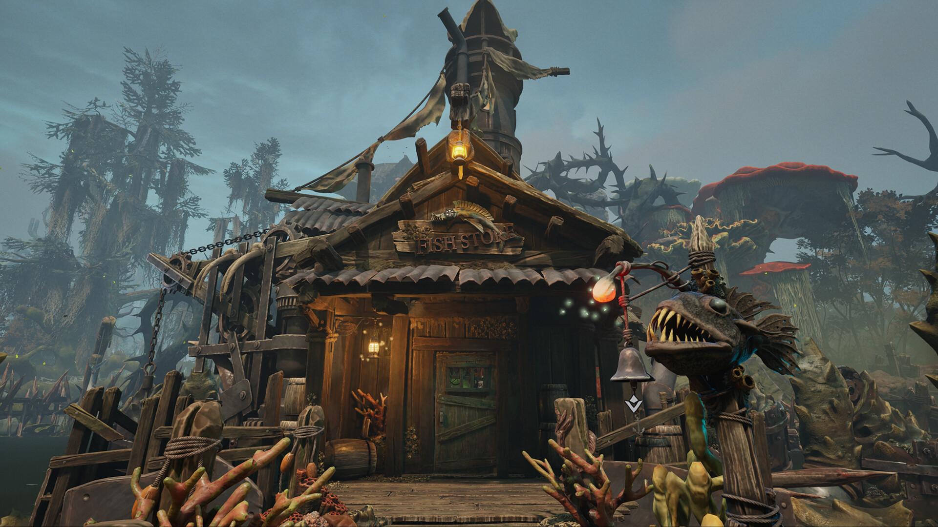 The FISH STORE — the bait shop players sell to and dissect fish in. Official DREADMOOR screenshot · © Dream Dock / Digital Vortex Entertainment